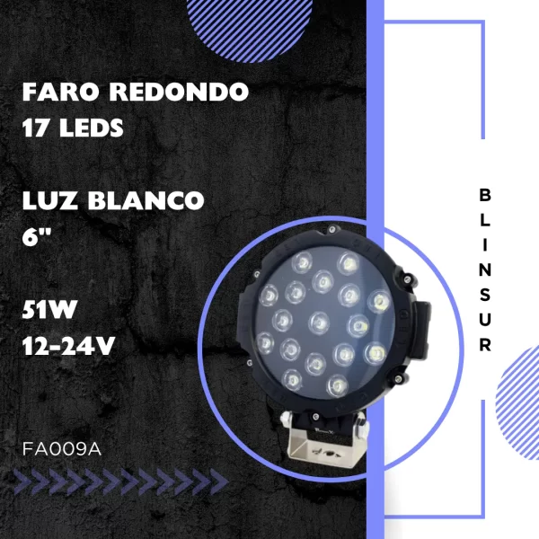 Faro Redondo 6pLG 17 Led Blanco Carcaza Negra 12/24v
