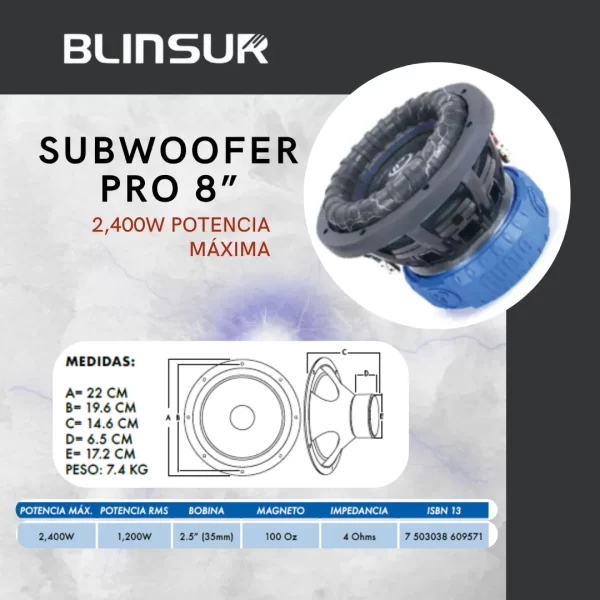 Subwoofer Doble Bobina Pro 8 Pulgadas 2400w